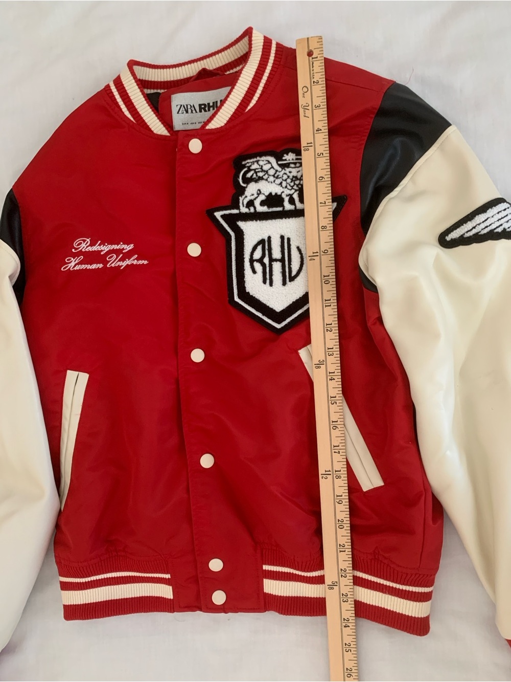 Zara x Rhuigi "RHU" Patches Varsity Bomber Jacket - Red/Cream - Size Small - Picture 8 of 15